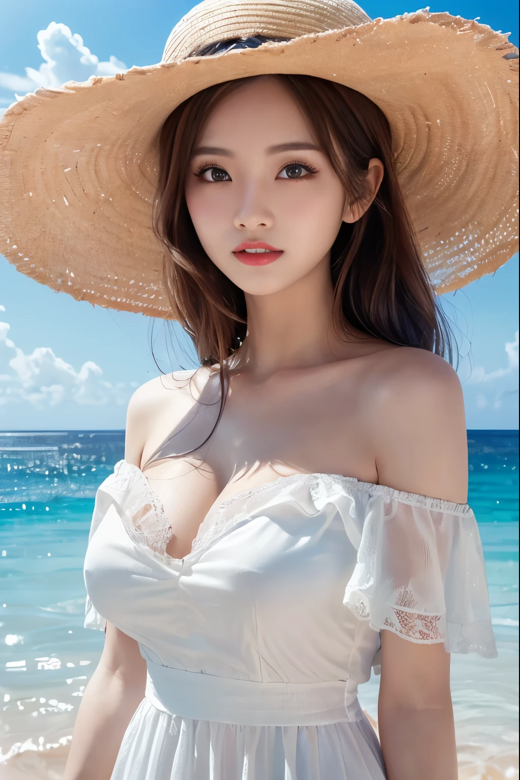 a beautiful arabian woman wearing a sun hat sitting on a beach, melancholy, 60mm portrait, 50mm portrait, 50mm lens portrait photography, asian woman, DSLR 5.0 mm portrait photo, straw hat, christy ren's portrait, closeup portrait photography, 70mm portrait, closeup portrait