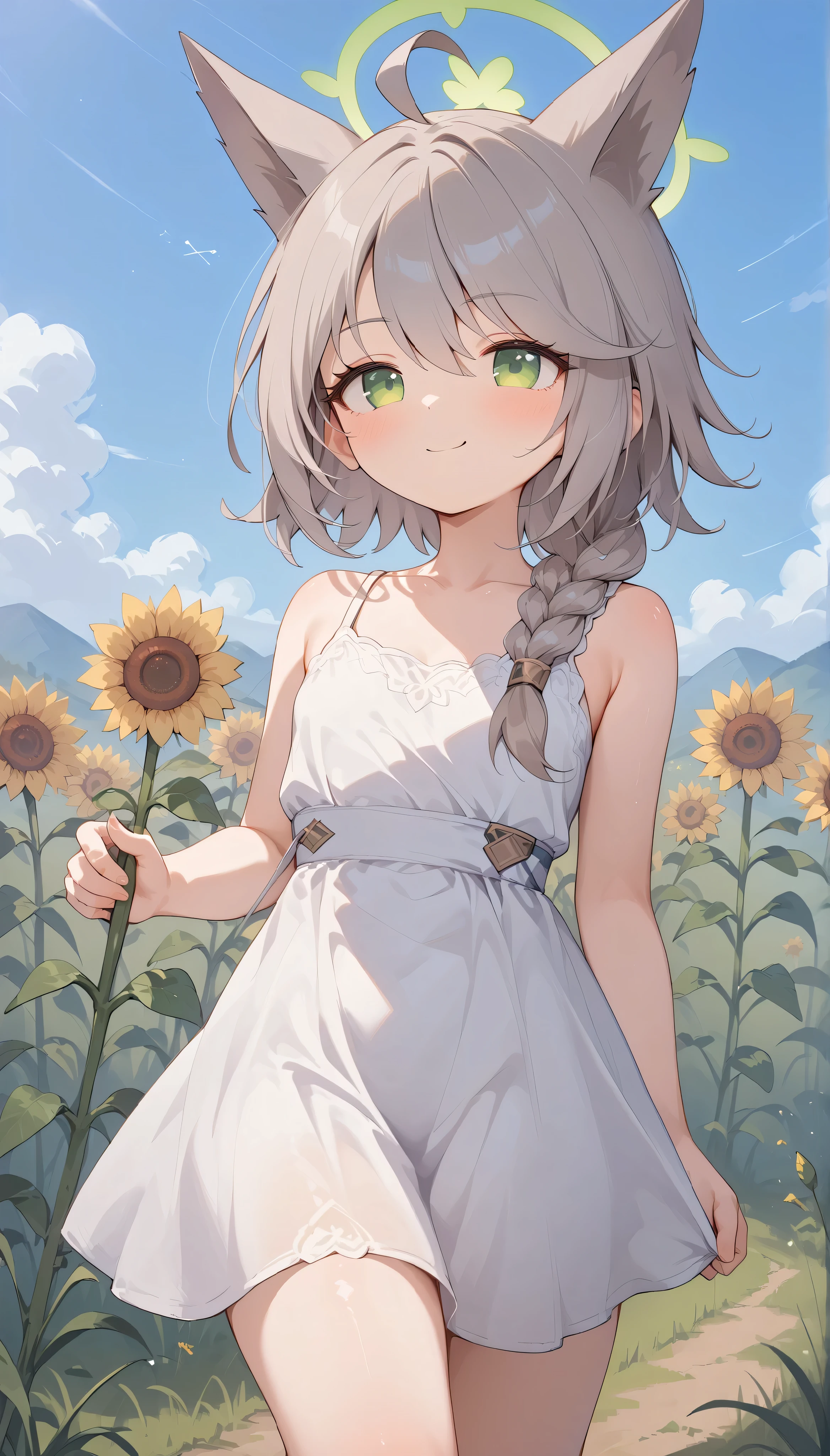 otogi (blue archive),green eyes,grey hair,single braid,animal ears,ahoge,halo, solo, I can see my eyebrows from the inside of my hair, hair between eyes, is embarrassing, masterpiece, Best Quality, very aesthetic, thick thighs, Wide pelvis, sleeveless white dress, outdoor, grassland, smile, sunflower field, closed mouth,