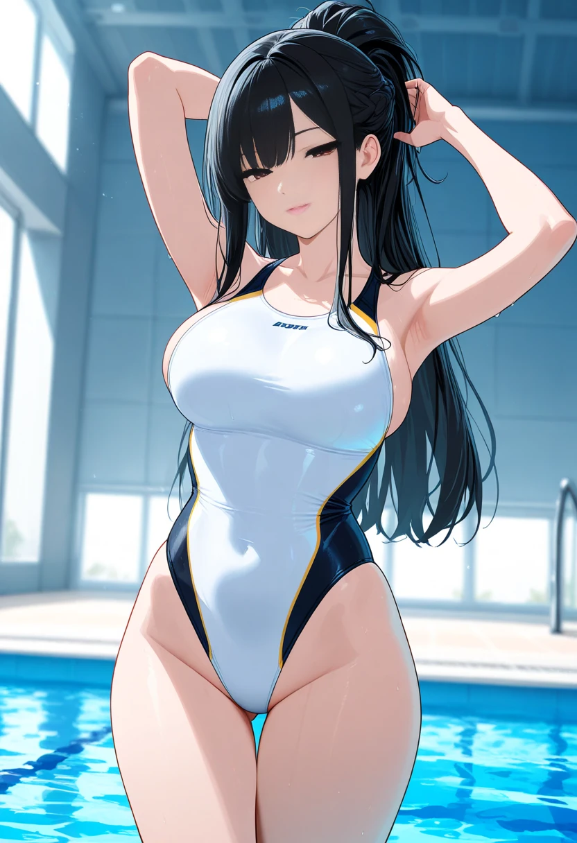 A dark-haired、hi-school girl、White competitive swimsuit、Wet and see-through、Inter-strands、Beautiful breasts、thighs thighs thighs thighs、