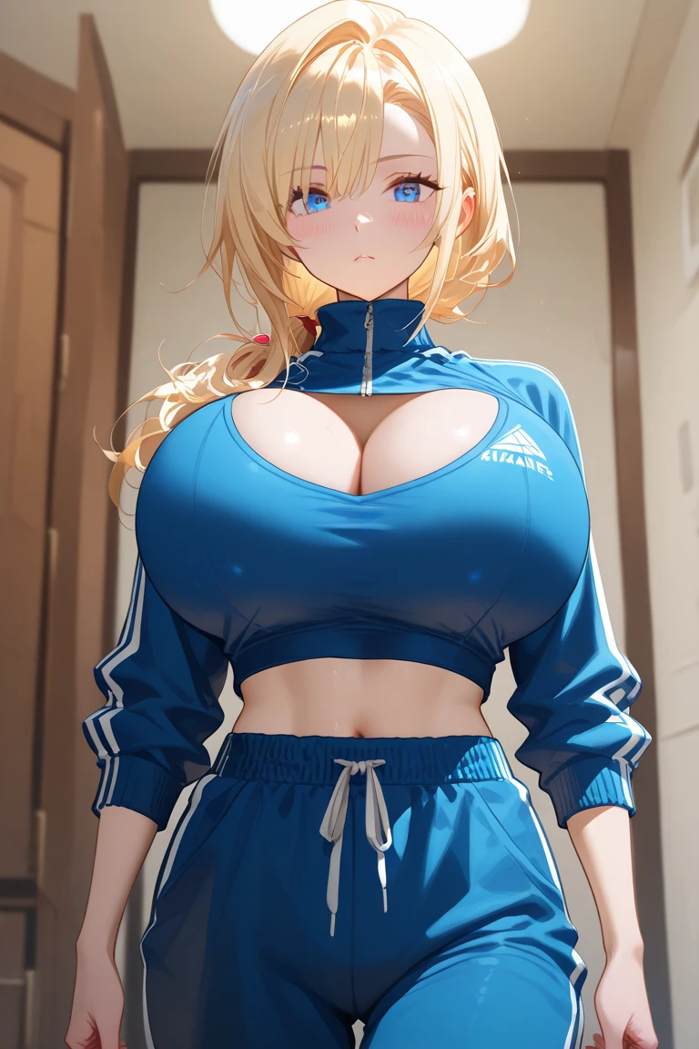 (Best quality:1.3), blonde ponytail, busty, tight camisole, open jacket, track pants, standing, cleavage, (pov, close shot), smiling