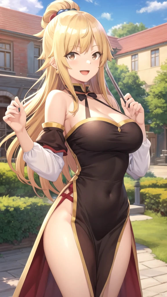 blonde hair, long hair, green eyes, cleavage, medium breast, skirt, slim legs, fighter, forest, guild, navel