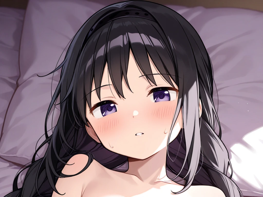 Best Quality, From above, POV crotch,1girl pale skin, actress 12 yo, beautiful, ((((cute face:1,5)))), vaginal,wet body,flat chest, small nipple, sweat, steam, fair skin, love juice, Midriff,black long straight hair, (bangss), side locks, Turbid Purple eyes, a bed,PILLOWS,cum,crying face,(rape:1.2),(pain:1.2),kimono,open mouth,nude,