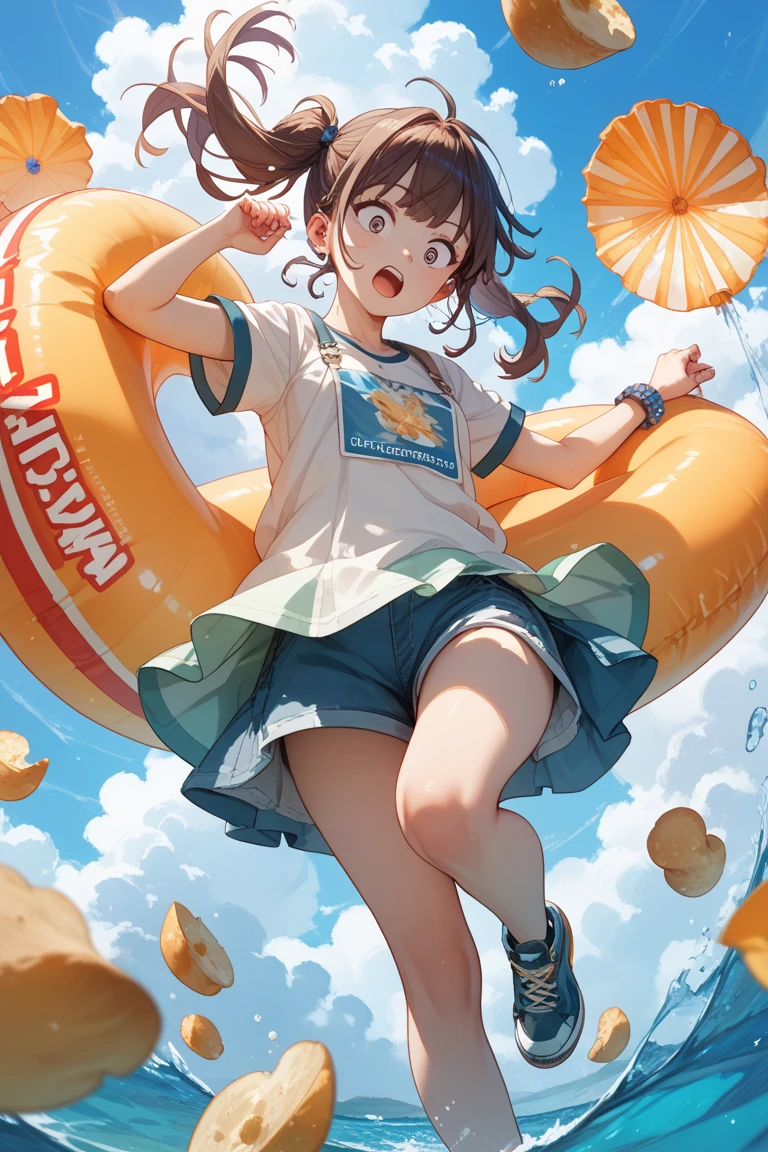 girl，（masterpiece，Highest quality），Street、bangs、(Completely naked)，Bare shoulders、黒いhat、Brown eyes、Brown Hair、smile、passionate、hat、Swimwear，long hair、(Underboob)，Micro Camisole、looking at the camera、shoes、Micro Mini Shorts，solo、Are standing、barefoot，Swimwear