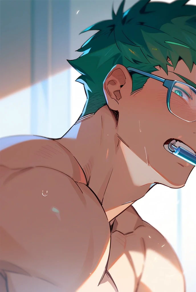 young man, 15 years old, athletic body, violet hair, swimming goggles, shirtless