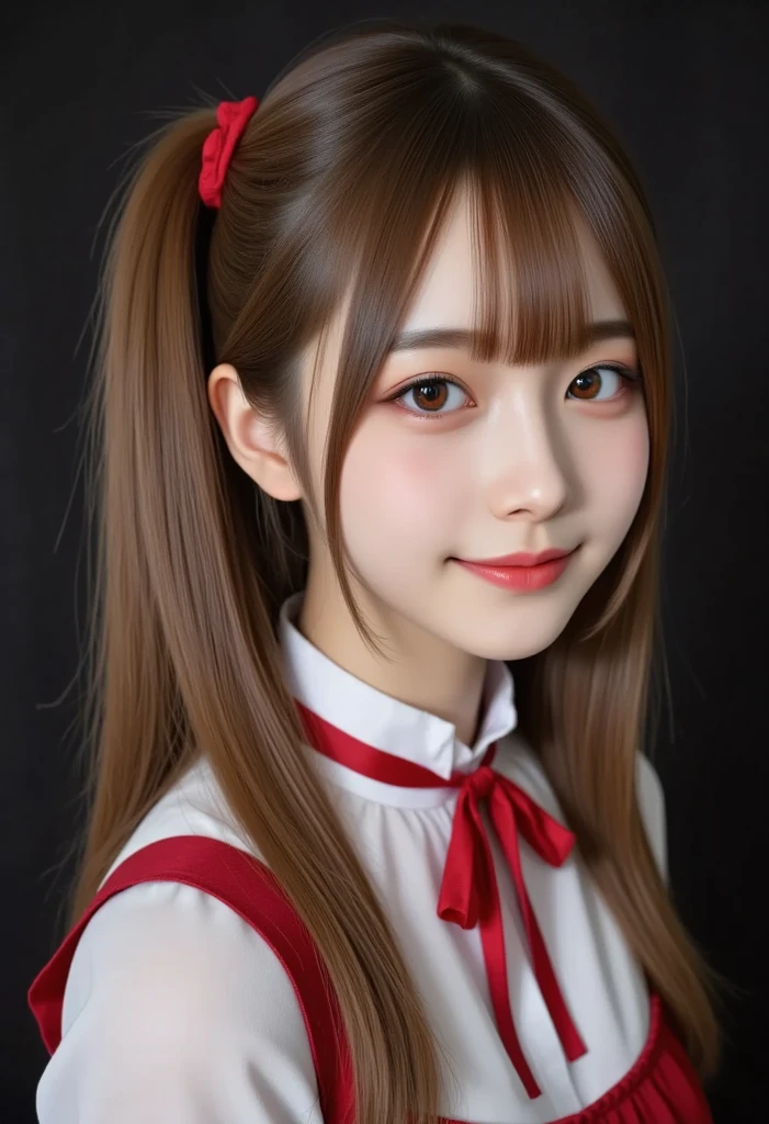 Photorealistic、Highest quality、8K、Japanese girl、Light yellow cardigan、Sailor suit、uniform、Twin tails、Red ribbon in hair、Brown Hair、Long Hair、Idol Girl、cute、Straight Hair、