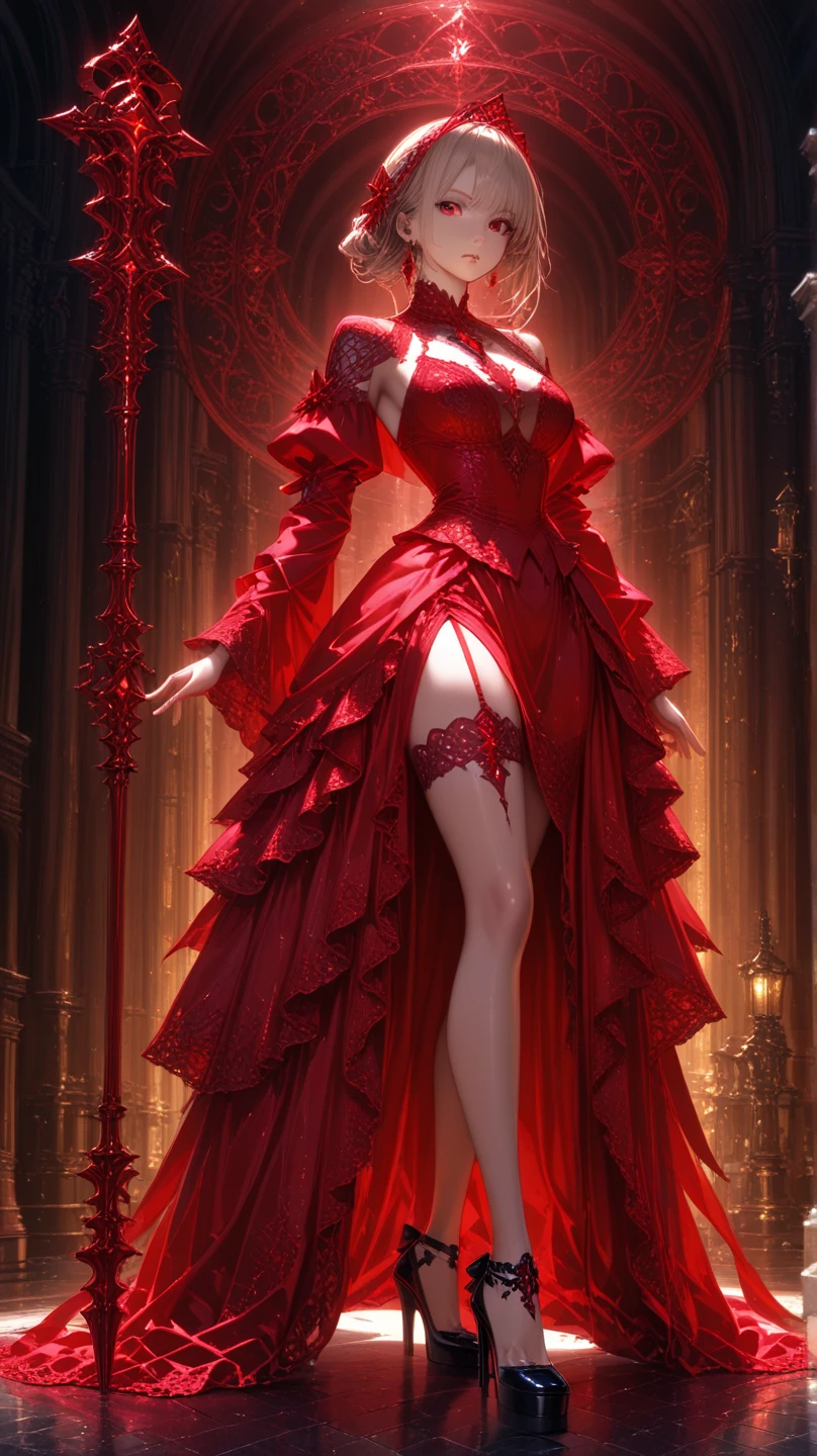 NSFW, best quality (4K, high resolution, masterpiece:1.2), ultra-detailed, realistic (photo-realistic:1.37), Eira, the Red Queen of Wrath, mesmerizing enchantress, portrait, ((standing with a captivating red velvet gown)), alluring yet intimidating gaze, hypnotic, demonic eyes, poised stance, ((flowing fiery red hair)), with flickers of hellfire, intense and ominous aura with a hint of darkness, pure (red velvet color scheme), sharp focus, perfect, ominous lighting, confident, sinister demeanor, intriguingly wicked smile, powerful wrath magic and sinister energy radiating from her eyes, war-torn landscape with a dark, foreboding background, entrancing yet eerie atmosphere, inspired by fantasy art and dark mythology, emphasizing her allure, fury, and malevolent charm, meticulous attention to facial details showcasing her stunning beauty, elaborate, warlike costume design, striking visual impact, expressive yet wicked facial features, supernatural elements blended with a sinister reality, (exceptionally detailed:1.3), super finely detailed and clawed hands, ultra finely detailed fingers (ten fingers), (suggestive and intimidating posing), ((full body showcase)), no logos in the background.
