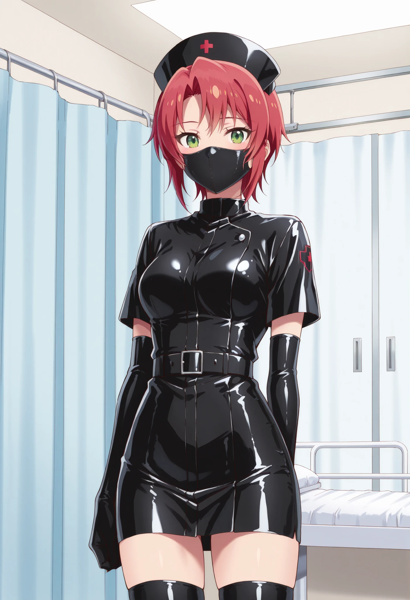 Score_9, score_8_up, score_7_up, source_anime, mei hamano, solo, short hair, pink hair, red hair, green eyes, medium breasts, enamel leather dark nurse, latex dress, black latex elbow gloves, black latex legwear, latex, latex skirt, (best quality), (high quality), {masterpiece}, extremely delicate and beautiful, ultra-detailed, beautiful detailed eyes, nurse, nurse hat, ((black nurse's outfit)), surgery room, black rubbermask, mask, mouth mask, standing