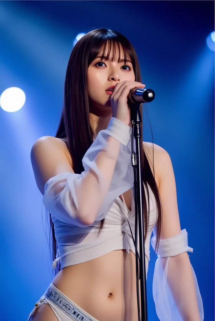 (Masterpiece, Realistic, Ultra High Definition, Best Quality: 1.2), Girl 1, Solo, (Youth), No Makeup, (Black Hair), Smile, Japan Idol, Singing on Stage, Holding Microphone in Hand, Idol Singing Costume, White Idol Dress, Sleeveless, Armpits, (Akina Nakamori), Photorealistic, Stage Lighting, Live Venue, Stage Spotlight, Lights Version, (pureerosface_v1:0.8)