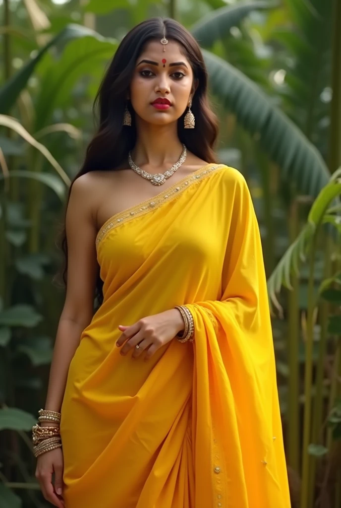 Indian Wife with a huge round and long cleavage line visible in a folded net saree, yellow floral net saree, HDR, 8k, hyperdetailed, best quality, ultra-high resolution, HDR, curved body, 8k, walking on the lawn , look at viewer, having perfect breasts with athletic body, wavy hair