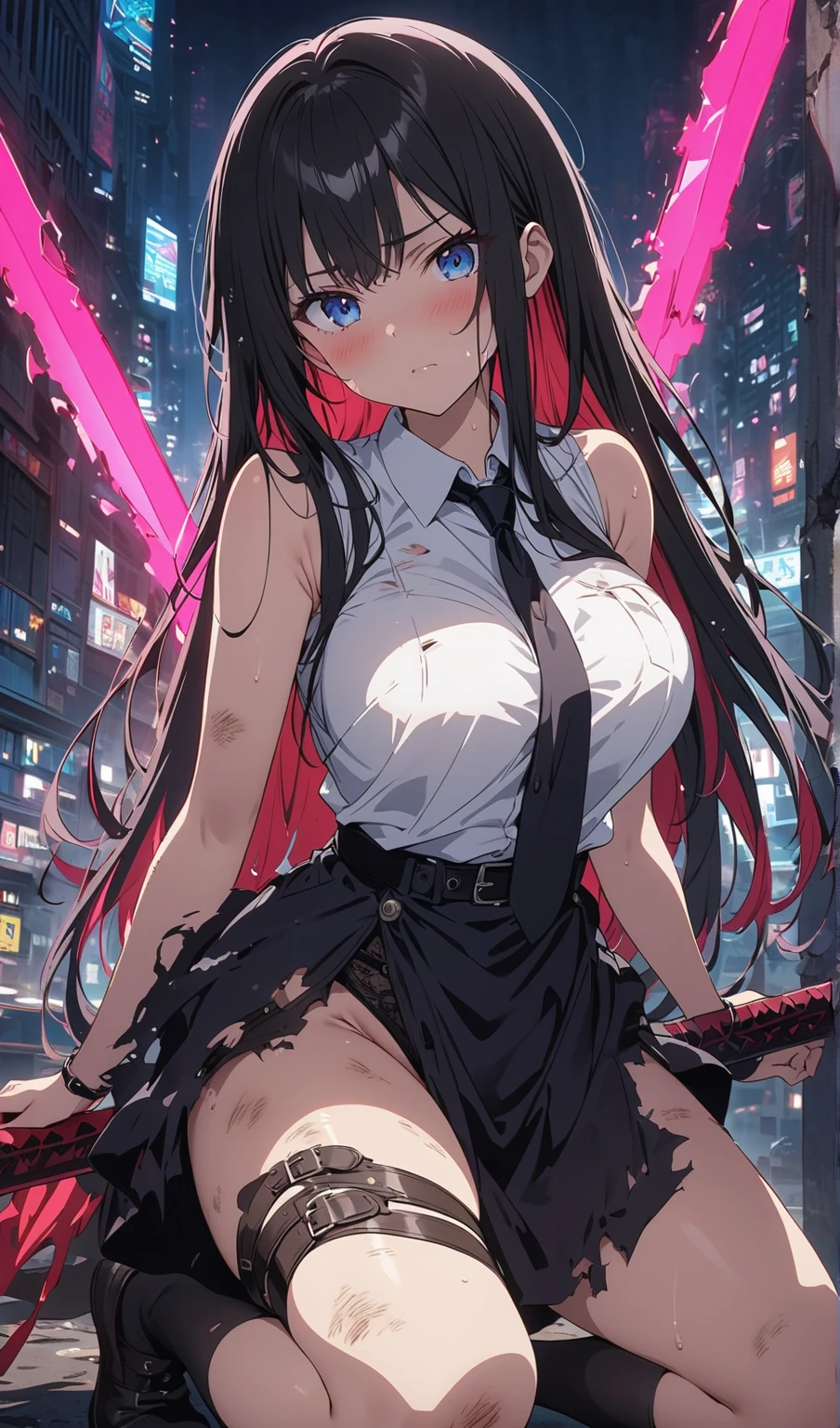 Rivertsukatsuki, River, black hair, (red eyes:1.5), hair ornament, hairclip, Halation, long hair,
、Extremely large breasts(7200)、レースハイレグbikini、Off-the-shoulder see-through cardigan