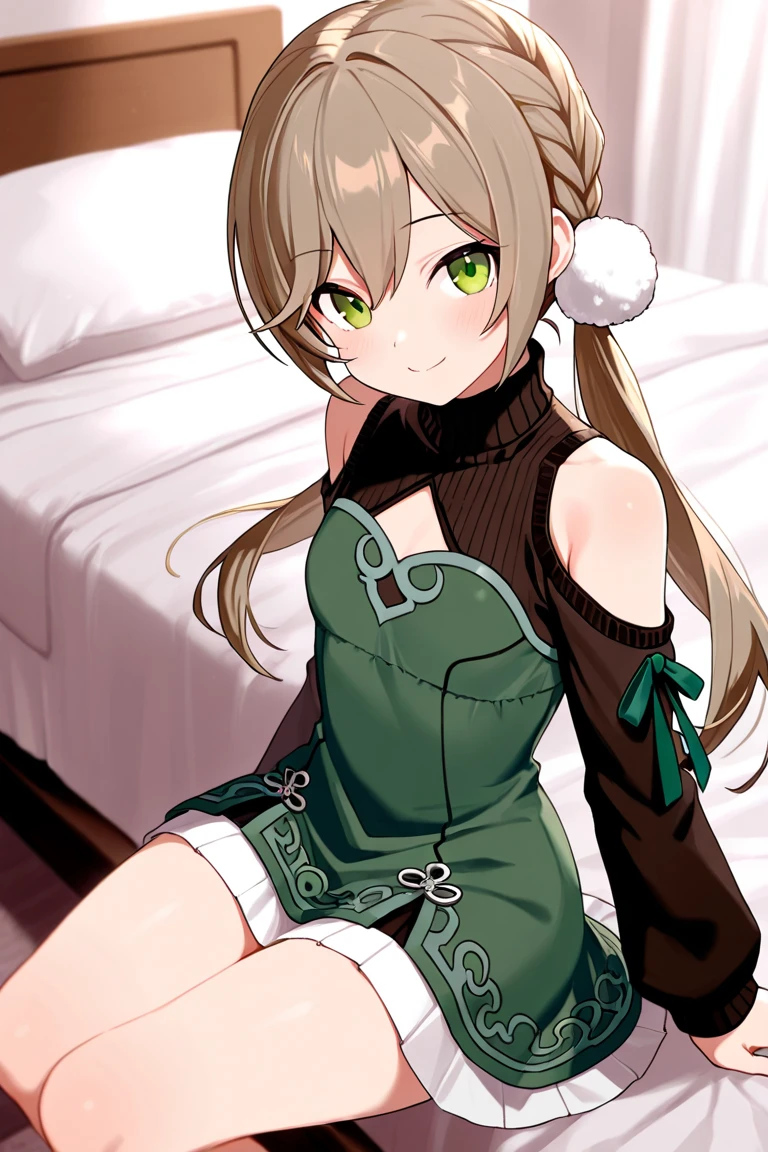 Detailed face, Fine grain, Dutch Angle, Perfect hands, from the front, One girl, teenager, Young girl, Teenage Girl, 15 years old, Small BreastsOne girl, Adult, Mature Woman, Average chest, , Avatar (series), CHAR-F Avatarseries トフ・ベイフォン シュリク作, (Brown Hair:1.2), , Poor Complex (green:1.5) Night dress, , (Long frilly elbow gloves, Lace knee socks, High heels:1.15), (Updo:1.3), Embarrassing, tears, Sitting, wave hands,