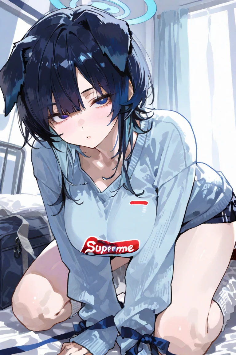 One high school girl,Smile,push down,excitement,big breasts,thighs,straddle,volleyball uniform,Smile,red eyes,black hair bob cut,background is bed,upper body,view from above