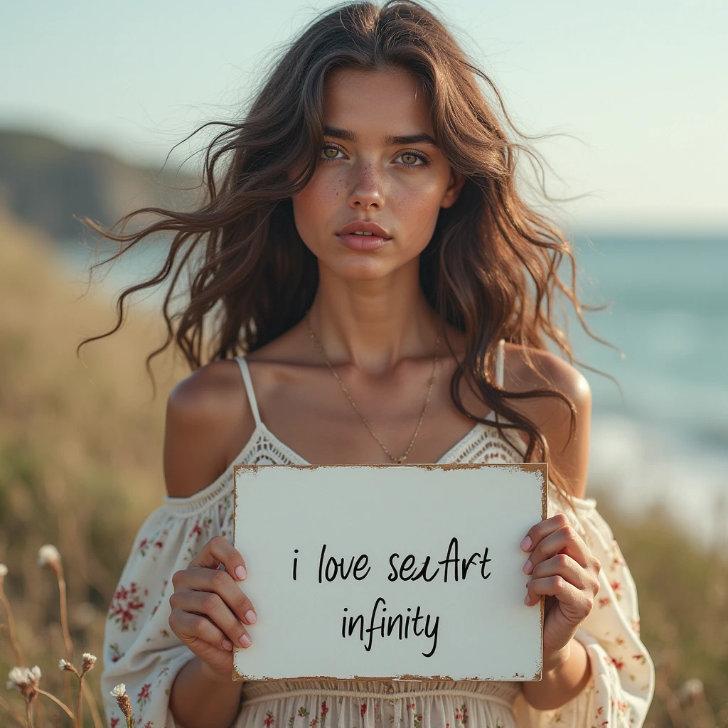Beautiful girl with wavy long hair, bohemian dress, holding a white board with text "I Love Seaart Infinity" and showing it to the viewer