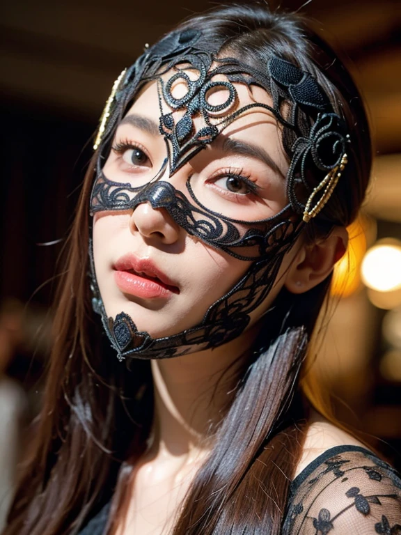 One beautiful woman, sexy、breast enhancement, Mask with only eyes, Venetian Mask, Black Dress, On the chest, No background,