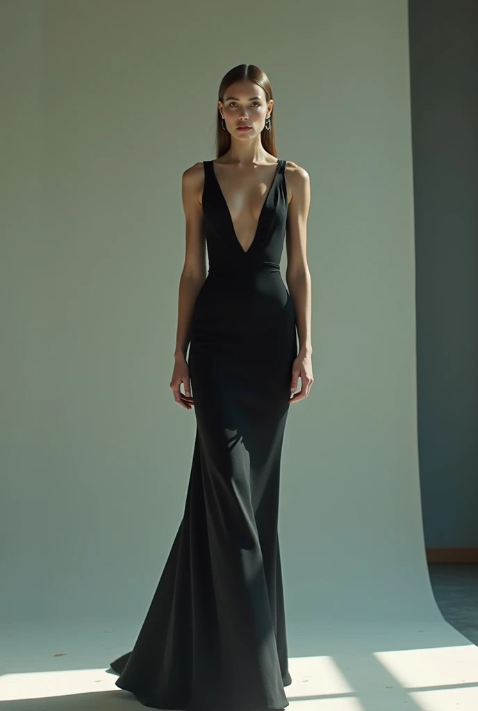 A surreal, minimalist composition featuring a woman in long black dress with curly blonde hair, her body elongated into a smooth, elegant pose s shape, tapering form that seamlessly blends into the background, creating a striking contrast against the black velvet curtains background. The overall effect is both mysterious and artistic, evoking a sense of otherworldly beauty, medium long shot ,cinematic lighting ,ultra sharp ,8K
