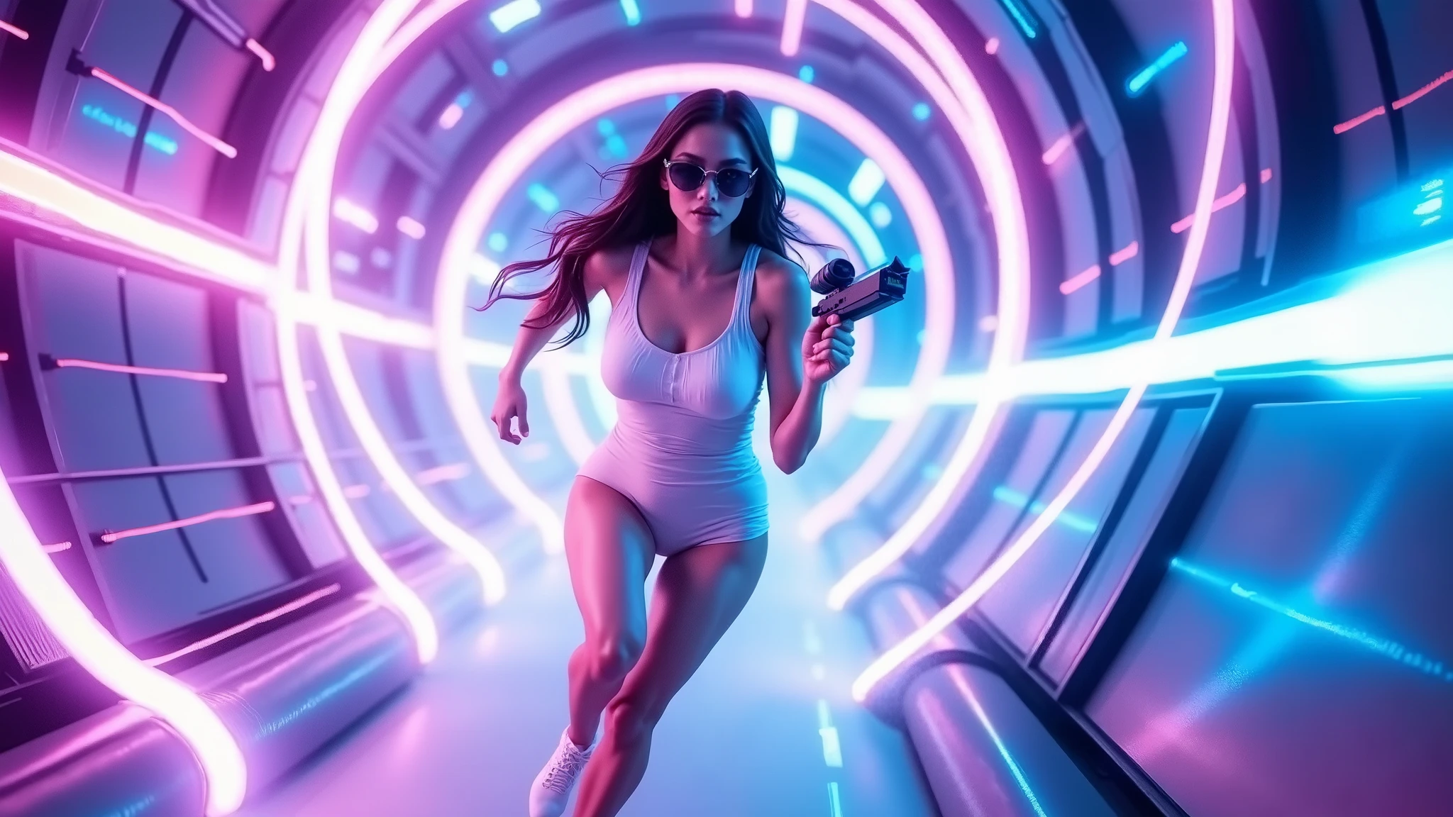 (((((aerial view))))), (((a vibrant sci-fi image depicting warp speed, with tunnel-like dynamic streams of purple and blue light bursting outward, creating an energetic and immersive 4K Ultra HD abstract background, at night))), (((1girl, solo))), photo realistic, (knee level medium:1.4 shot, large-breast:1.3, cleavage:1.4 slim:0.9 body, slim face, hip up side boob), (extremely short backless deep-v transparent:0.5 white shirt dress, lace G-string white panty), (((lean forward running pose, motion blur))), (((matrix style black sunglasses))), (((((aiming with a short:0.5 sci-fi gun))))), (((looking at viewer))), (very low view), ((cinematic lighting)).