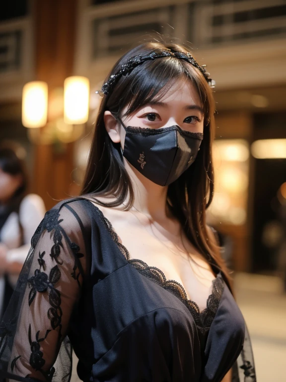 highest quality,, Super detailed, finely, High resolution, 8k wallpaper, , beautiful and detailed eyes, natural lip ,fortune teller style、wearing a black robe、wearing a purple mask、brown hair、short bob hairstyle、sitting、mysterious fortune telling background、looking here、Don'please don't show your chest