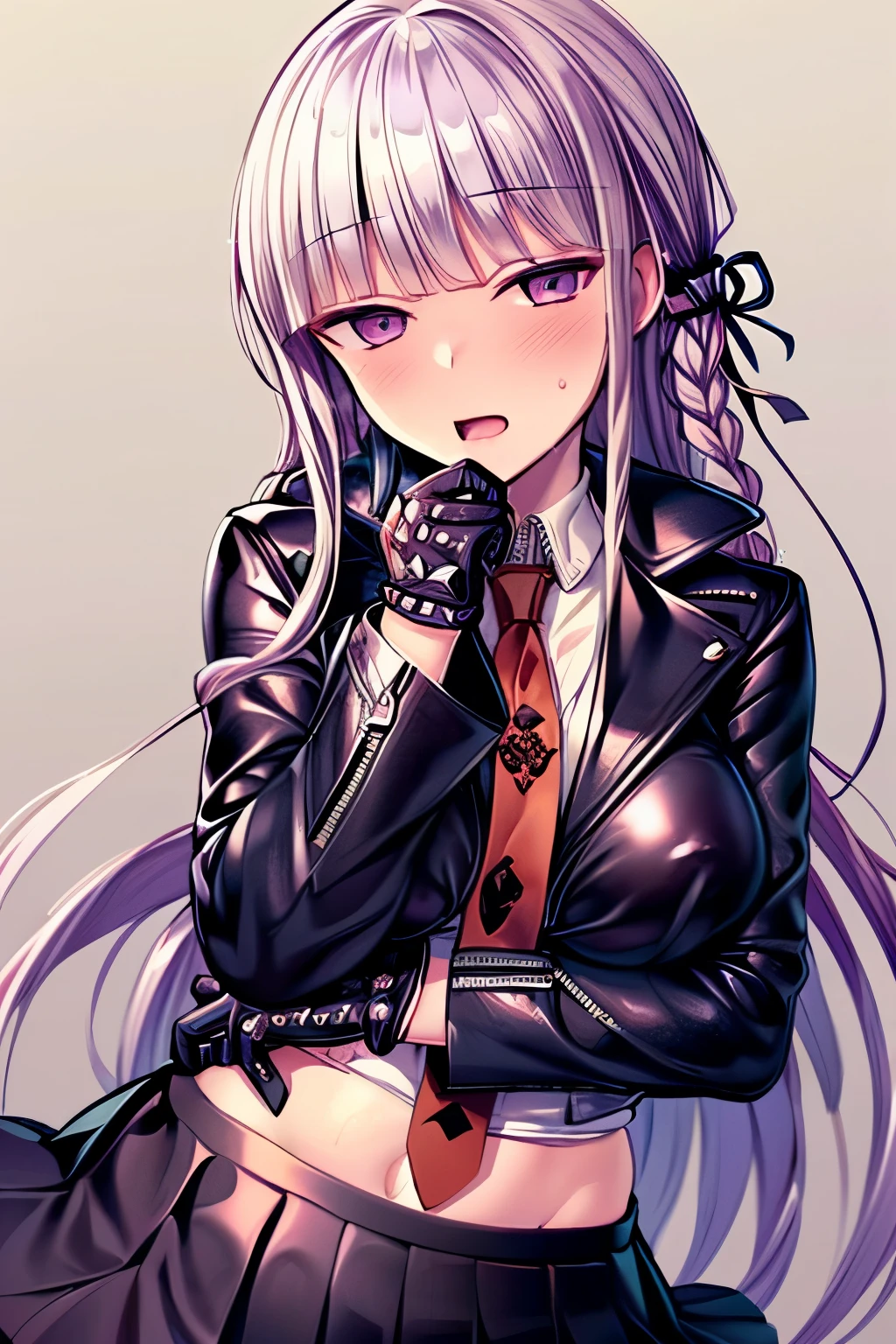 ((masterpiece))), ((best quality)), (ultra-detailed), ((an extremely delicate and beautiful)),(unity 8k wallpaper),Kyoko, purple eyes, purple hair, long hair, braid,black gloves, purple jacket, purple skirt, brown necktie, white shirt,(hand on own chin),open mouth
