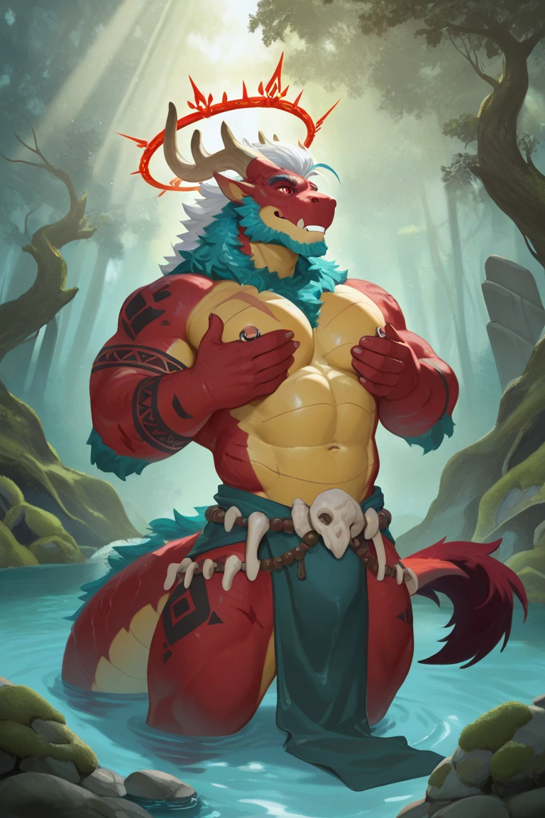 ultra-detailed, masterpiece, masterwork, high quality, best quality, hdr, (nature), nsfw, male, solo, dragon, ((bulge fundoshi)), chibi, (little red body minotaur), (white chubby body), (long golden hair, yellow eyes), standing, front view, lower view, dynamic angle, public hair, (cross your arms), earrings