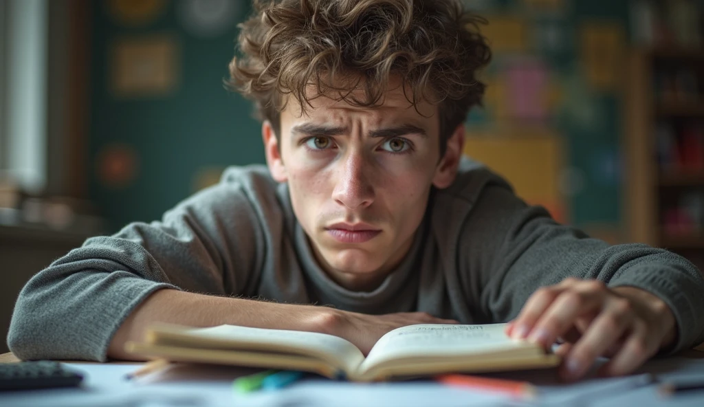 A dull student reading a book while he set his hand on his head