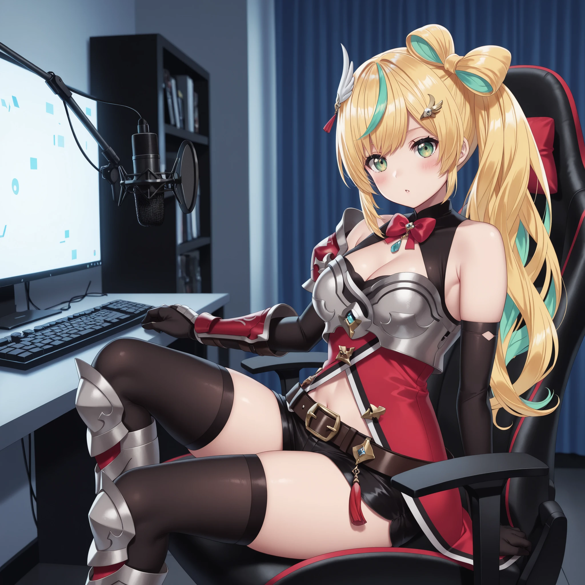 (best quality),(highly detailed),((masterpiece)),(best quality),(best quality),(highly detailed),((masterpiece)),((best quality)),(ultra-detailed),((extremely detailed)),(high resolution),4K,(8K),best quality,(beautiful),(dynamic lighting),(super detailed skin),sharp focus,(score_9,score_8_up,score_7_up,source_anime, (anime screencap:1.5), (anime coloring:1.5),
front view,side view,
1人の女の子,Private room with a computer,Sitting in a gaming chair,Display during delivery,
blurry background,looking at viewer,((thighs)),
((Microphone)),microphone stand,large breasts,knee,
right hand on keyboard,
niji-toto,medium breasts,green eyes,blonde hair,streaked hair,multicolored hair,aqua hair,colored inner hair,long hair,side ponytail,bow-shaped hair,hair ornament,wing hair ornament,niji-totocos1,red dress,red bowtie,jewelry,bare shoulder,navel,elbow gloves,black gloves,black shorts,short shorts,belt,black thighhighs,totocos1-armor,silver breast-armor,red shoulder-armor,red gauntlet,single gauntlet,armor glove,armor boots,