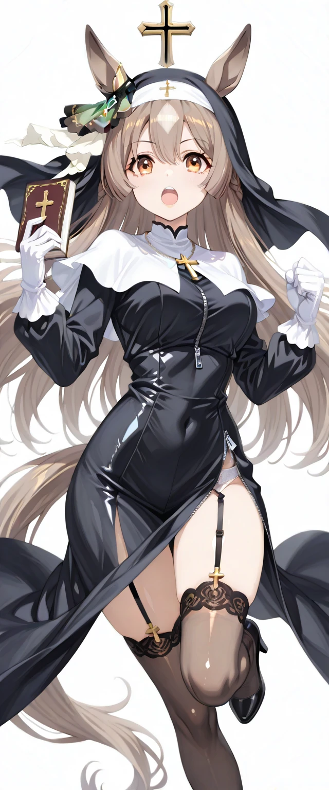 masterpiece, best quality, highres, aasister, long hair, nun, habit, white capelet, neck ribbon, (lace black short dress,see through:1.2), long sleeves, white gloves, full-length zipper, church, indoors, standing,,,looking viewer,smile,(((from below,nsfw)))