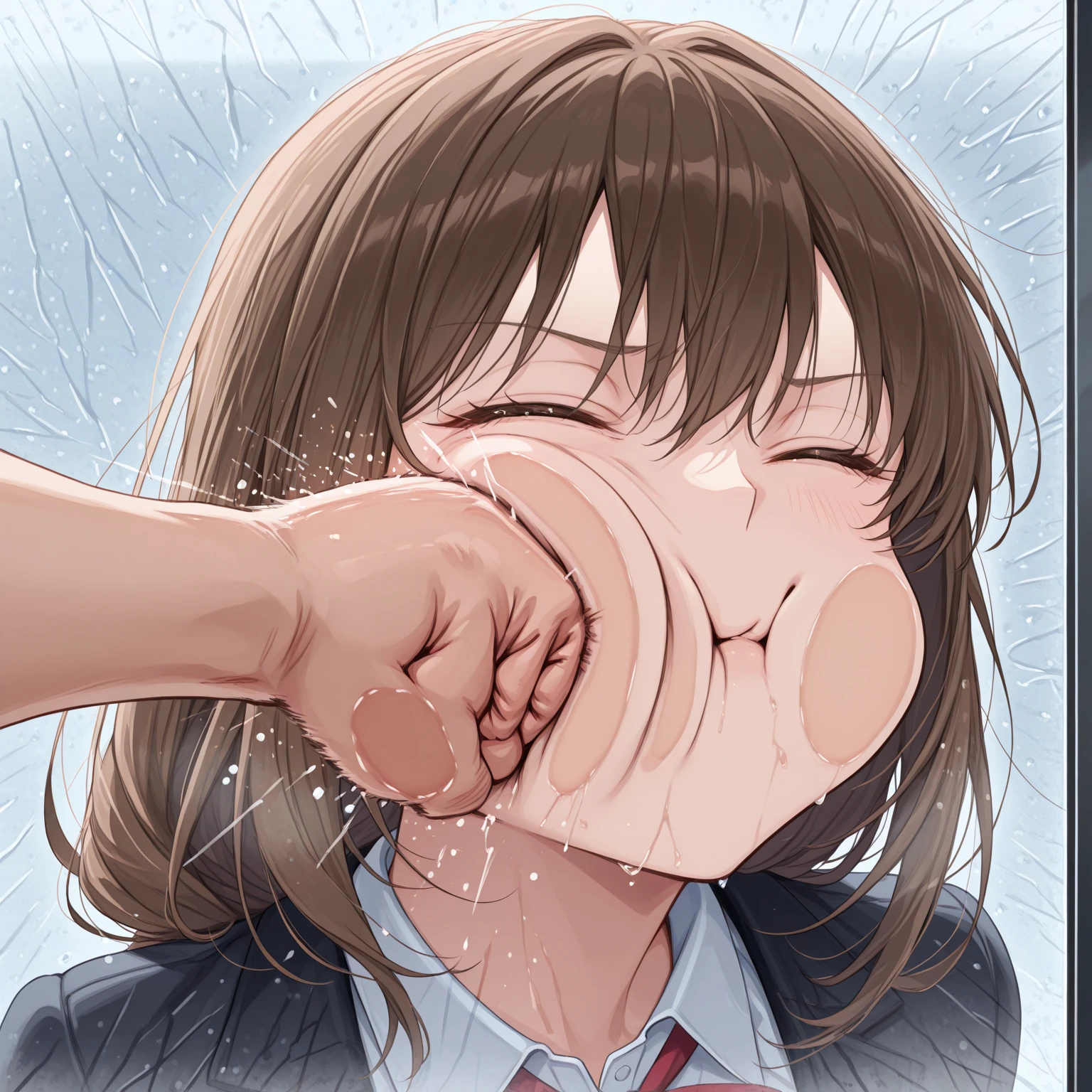 score_9, score_8_up,score_7_up,flat color,(best quality, masterpiece, ultra high-resolution, ultra-detailed,girl,brown hair,profile, (wearing sexy leotard,torn cloth),tween, (japanese cutie with narrow mouth swallow the penis deep inside:1.3),(in ballet hall:1.2),side angle,side view,nsfw, rape,hardcore, masterpiece, solo, (bright lighting:1.2), detailed face,small breast,perfect lighting , hetero, 1boy, (irrumatio,deep throat), head grab, oral, solo focus, cum splash,pov,(stuffs her face with penis),(too many cum on her face),cry,tears,shiny skin,panic face,motion lines,trembling,ahegao