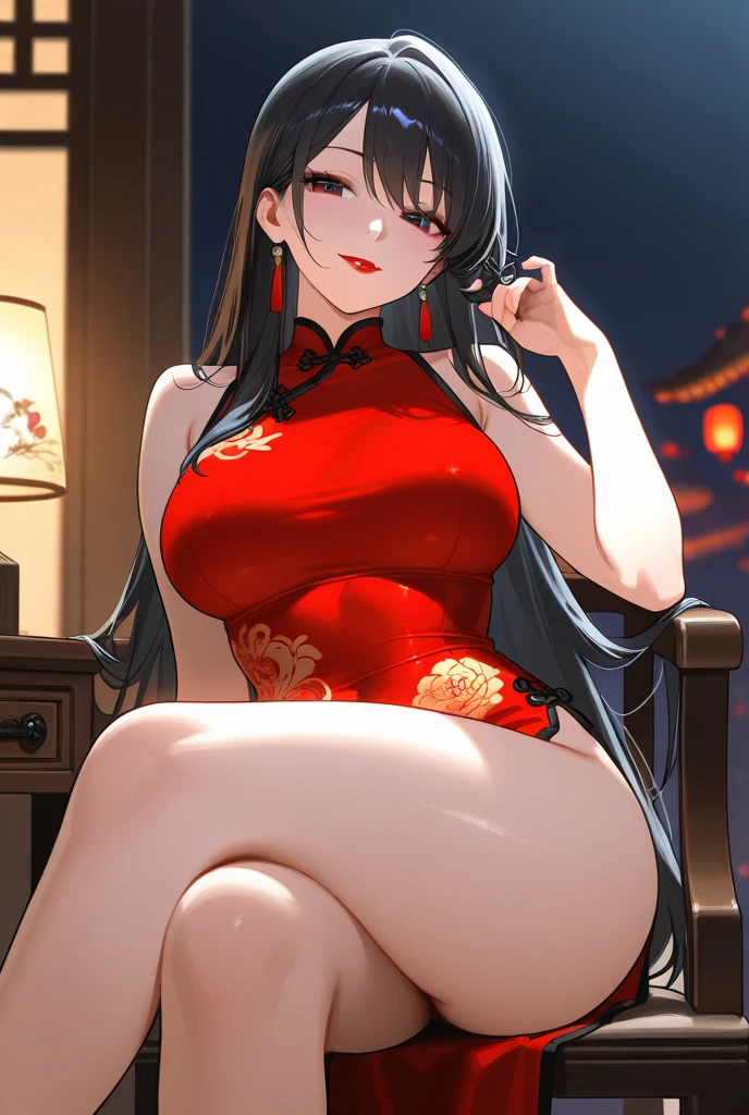 Highest quality、High resolution、Detailed Background、Beautiful face in every detail、Teenage beauty、Huge breasts、Perfect body line、well-groomed eyebrows、indoor、Calm atmosphere、Shiny Chinese Dress、Dark colors such as red and black、Wearing high heels、Strap and ribbon design、Pearl and metal accessories、Sexy wavy hairstyle、Red lipstick、Deep red、very beautiful、A big smile