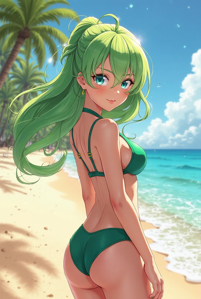 (highest quality:1.2, Very detailed, up to date, Vibrant, Ultra-high resolution, High Contrast, masterpiece:1.2, highest quality, Best aesthetics), Portraiture、girl、Bright colors、Beautiful fine details、Beautiful lip detail、long hair、ponytail, white and yellow green ((streaked hair:1.6)), highlights hair: 1.5, (medium breast,:1.5) (tan skin:1), 、((bikini:1)), (gold Satin-Bikini:1) , beautiful beach, day, (sun shine), blue sky , lie down on back, smile, (full body)