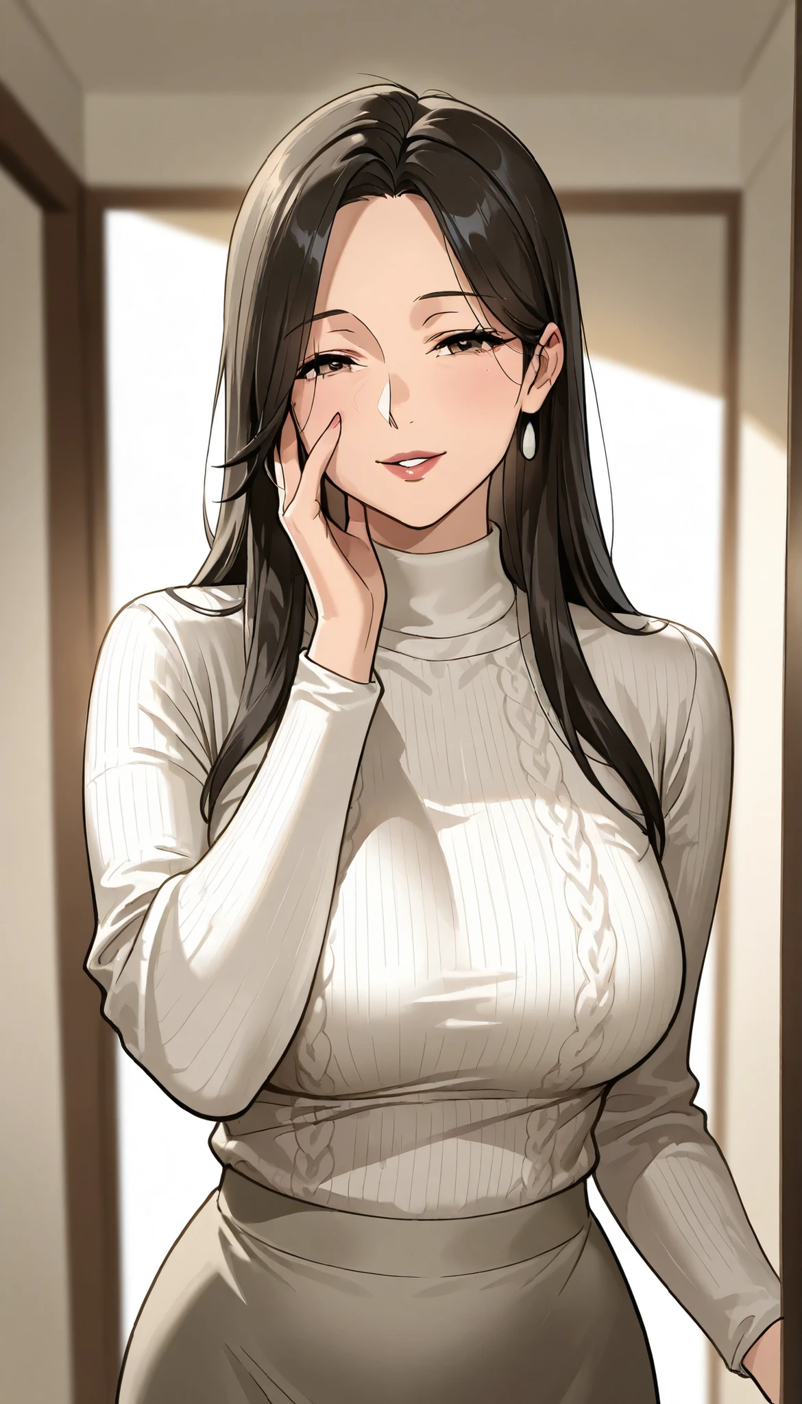 Mother, Mature Woman, mature woman, Perfectly finished, Perfect Lighting,dark haired、straight hair、low with your right hand in front of your face、sexy女性, high neck long sleeve white rib knit tee(loose)、long maxi skirt, sexy, has, 