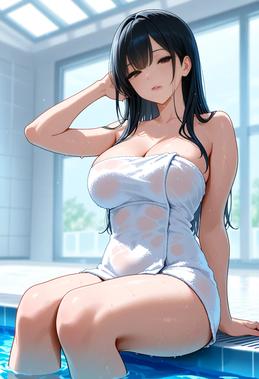 nsfw,((Masterpiece)),((Draw in beautiful detail)),1Girl,Mizushima Morning,Blue Eyes,Black Hair,Big Breasts,Embarrassed expression,blush,Open your mouth,Close ~ eyes,sit,Spread your legs,School Swimsuit,(((Peeing from the vagina:1.2))),bedroom