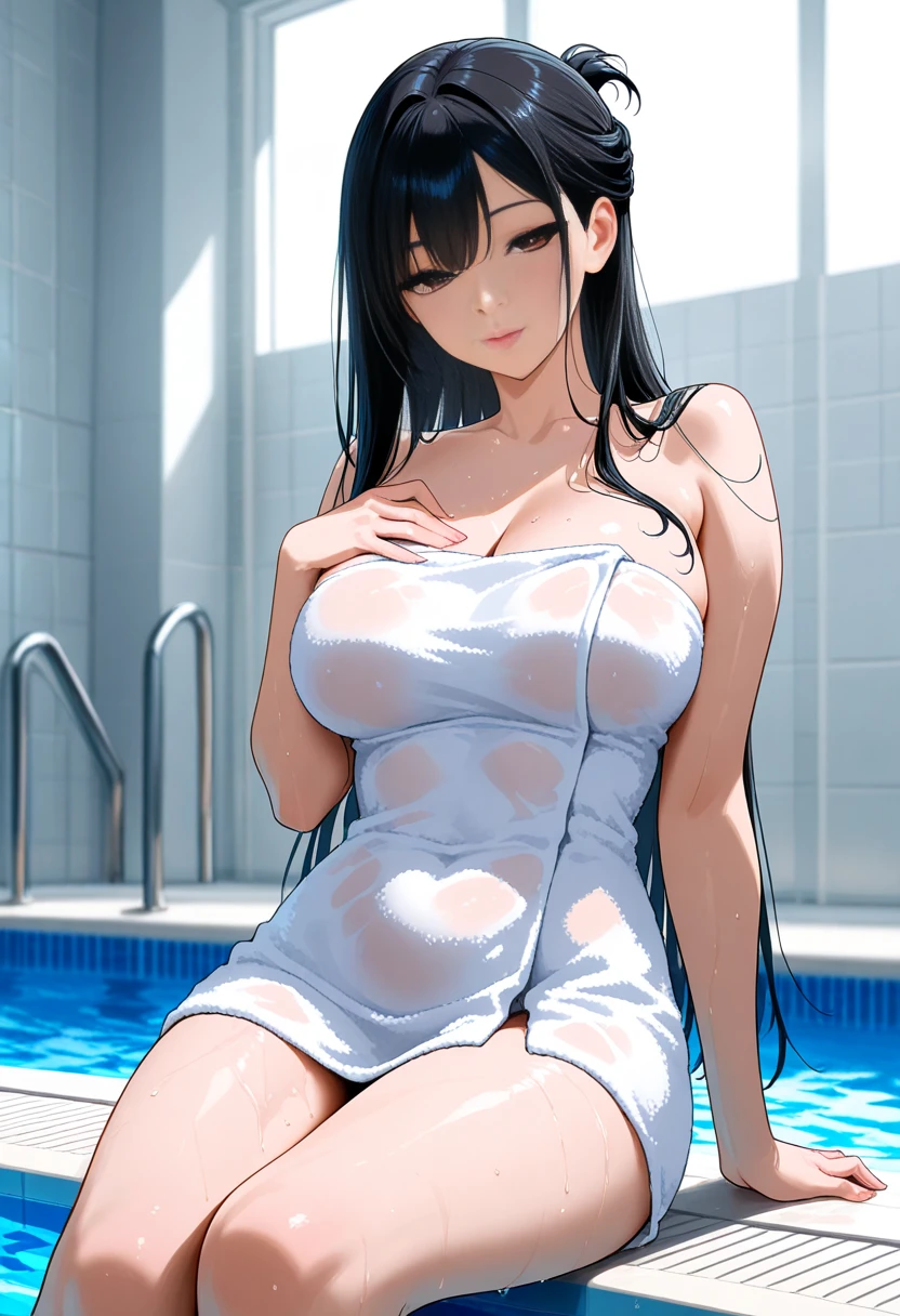 score_9, score_8_up, score_7_up, source anime, anime screencap, masterpiece, expressive eyes, perfect face, cinematic lighting, volumetric lighting, bloom, post processing, Expressiveh, komi shouko, black hair, black hair, long hair, big breasts, thick thighs, oiled skin, looking at viewer, parted lips, sweaty, sweat, sweating, sauna background, sunset, ((steam)), sitting, crossing legs, leaning back, sitting, spread arms, lowered head, BodyTowel