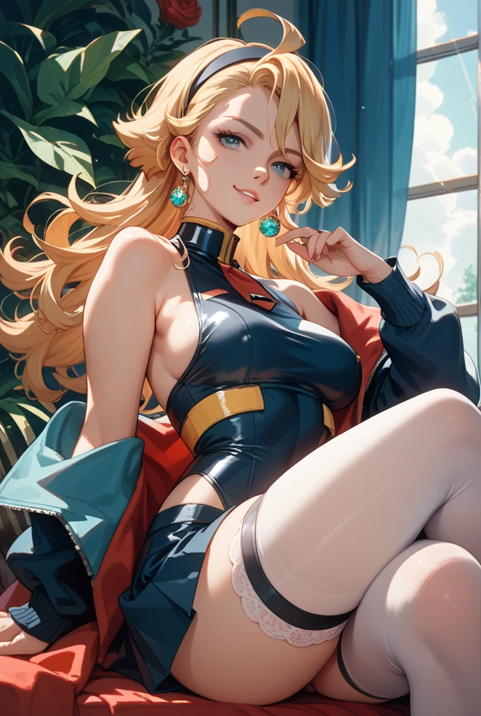 solitary,  (Fox ears), Exquisite eyes, blond hair，Facial details, Green Eyes, Red Eyeshadow, lips are red,  Fake laugh, Ukiyo-e, masterpiece, high quality, big breasts，Black tights，High heel，Exposing thighs，bikini