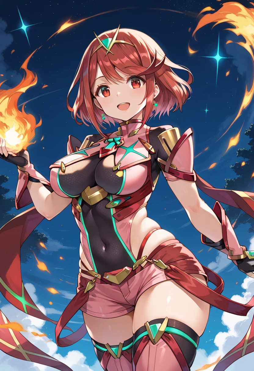 Honoka \(Xenoblade\), Teen_One person, armor, bangs, black gloves, chest, Red eyes, closed mouth, Earrings, Official Art, fingerless gloves, Floating Hair, framed chest, gem, gloves, hair ornaments, Headpiece, jewelry, big_chest, leaning return, leotard, Neon Trim, Official Art, Pause, Redhead, red Shorts, saitou masatsugu, short hair, short Shorts, Short sleeve, Shorts, Side Lock, Fits perfectly to the skin, alone, Are standing, swept bangs, Knee socks, tiara, night_grassland_returnground, turtleneck, Underbust, Arm guard, Xenoblade chronicles \(series\), (Xenoblade chronicles 2), Away_feet, fire_effect,dynamic_Pause_Finding,Light_smile, (Plump:1.1), big_Butt,Huge_sword, all_big_sword_Pattern, alone, Covered_Nipples, Covered_Pussy,Open_mouth,return_View,