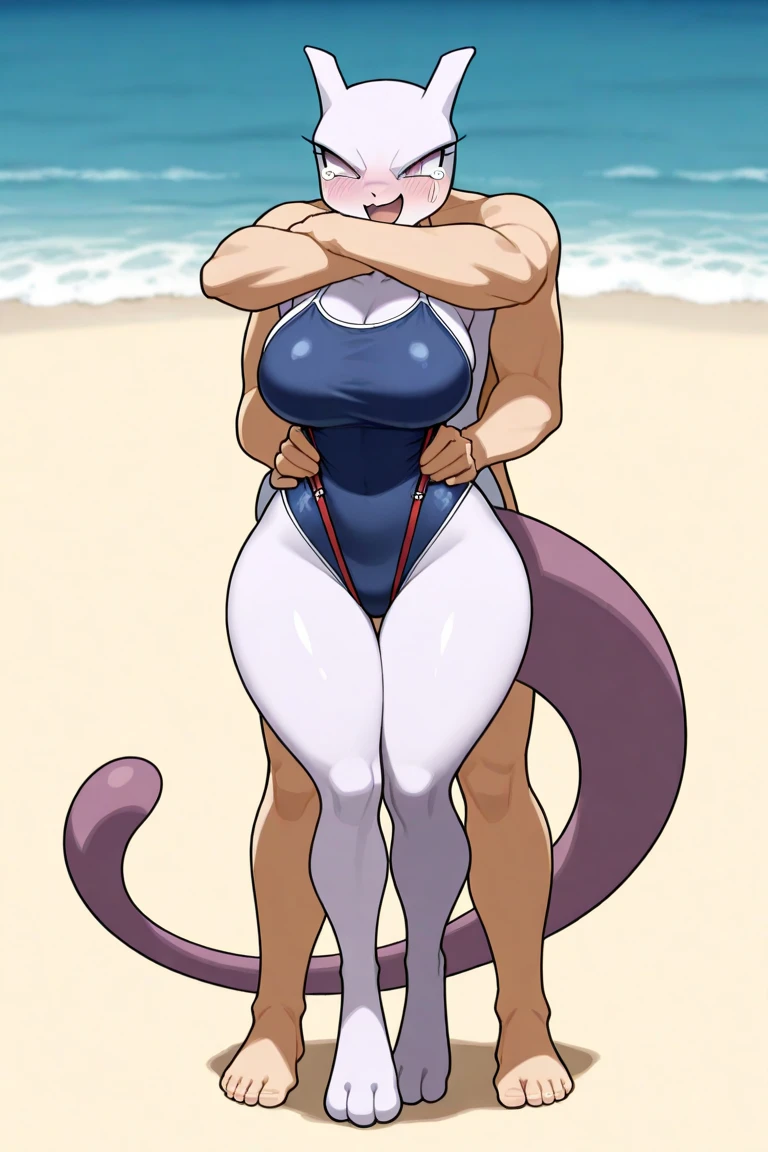 Solo, Breasts, Looking at viewer, Short hair, Big breasts, Red eyes, Belly button, Animal ears, Tail, Swimsuit, White hair, Thighs, Cat ears, Dark brown skin, Dark brown skin female, Cat tail, Zoom Layer, Sexy swimsuit, Sensual swimsuit, Lewd swimsuit, Sexy swimsuit, Provocative swimsuit, Erotic swimsuit,