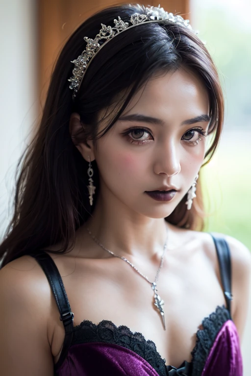 sexy stylish female model, only 1 female, ((doll-like appearance)), long dramatic stylish hair, ((shiny Punk-Style boots)), (smiling face), ultra detailed eyes, Punk makeup, lipgloss, ((sexy Punk Lolita cosplay)), unconventional skirt, petticoats, high neckline, ((ultra detailed lace)), ((ultra detailed embroidery)), intricate details, tartan patterns, safety pins, Punk Lolita accessoires, Punk Lolita choker, ((large sparkling Punk Lolita jewelry)), cinematic light, detailed large park background with trees