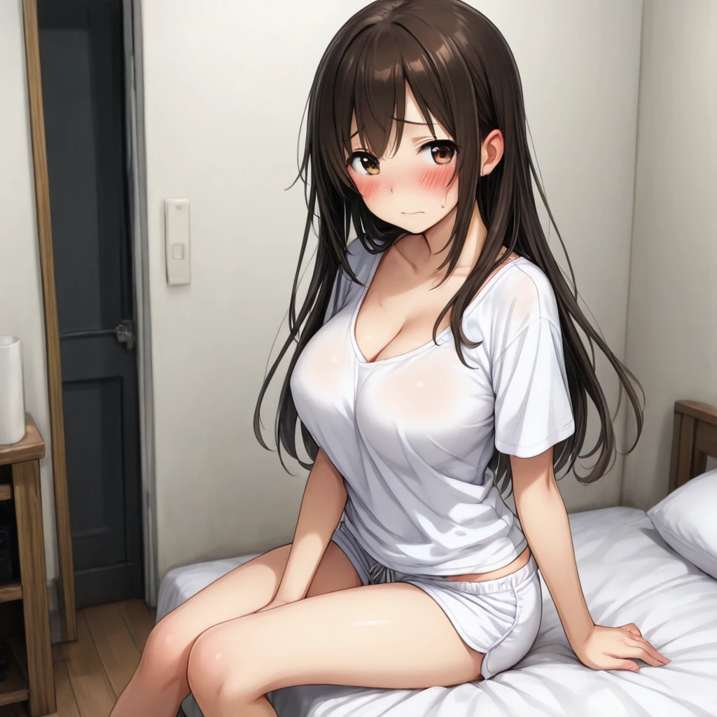 stick out tongue,crotch grab,masturbation,ahegao,(rolling eyes),nsfw,white shirt,bare breasts,brown hair ,1girl