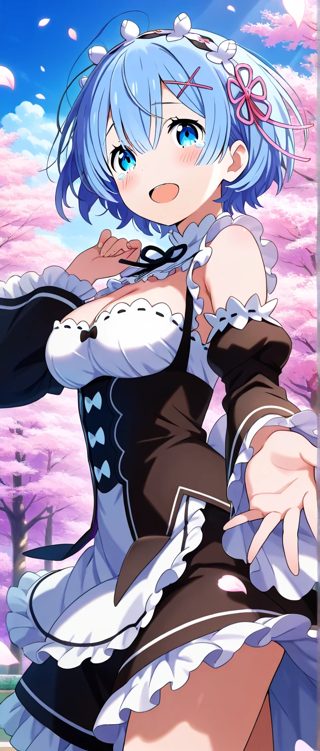 ((((Masterpiece)))), beautiful details, perfect focus, smooth 8K wallpaper, 4320p, high resolution, exquisite texture in every detail, perfect eyes very high detailed, perfect pupils, sclera_eyes_detail, eyes:1.2, human anatomy correct, pastel, hyper_detailed:1.5, (masterpiece), (picture-perfect:1.4), high_resolution, very_high_resolution, ((1girl)), (18 years old), solo, short_hair, blue_hair, ((heterochromia eyes)), ((red_blue eyes)), breasts, skirt, gloves, dress, bare shoulders, ((((gigantic_breasts)))), outdoors, choker, black gloves, belt, black skirt, clothes lift, white dress, thigh strap, translucent black bra, translucent black panties, tight black thigh high stockings, torn torn clothes, skirt lift, lifted by self, black belt, ((from_below)), sitting pose, ((spread lengs)), open-lengs, ((((Rem_Re:Zero))))