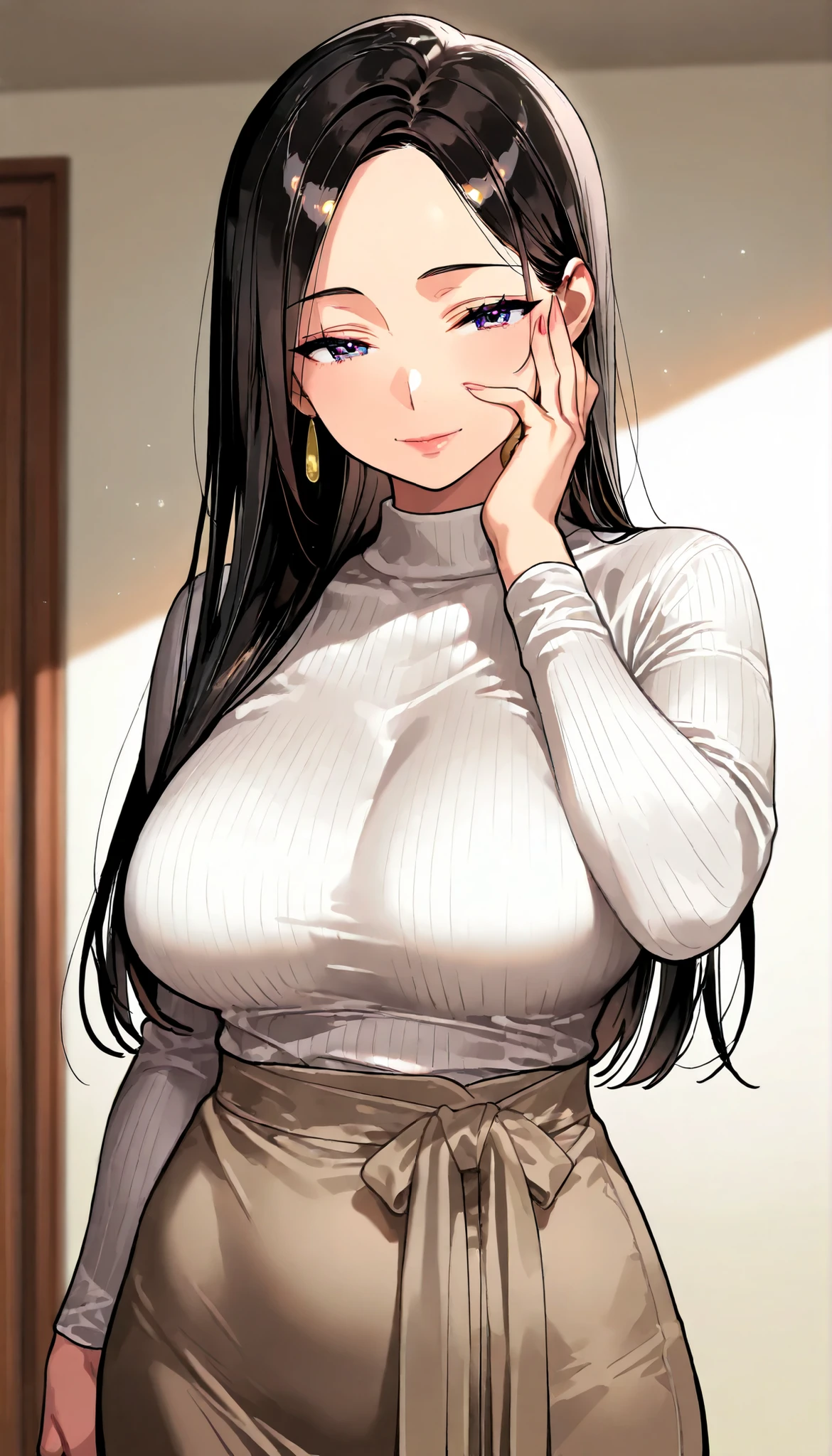 Mother, Mature Woman, mature woman, Perfectly finished, Perfect Lighting,dark haired、straight hair、low with your right hand in front of your face、sexy女性, high neck long sleeve white rib knit tee(loose)、long maxi skirt, sexy, has,