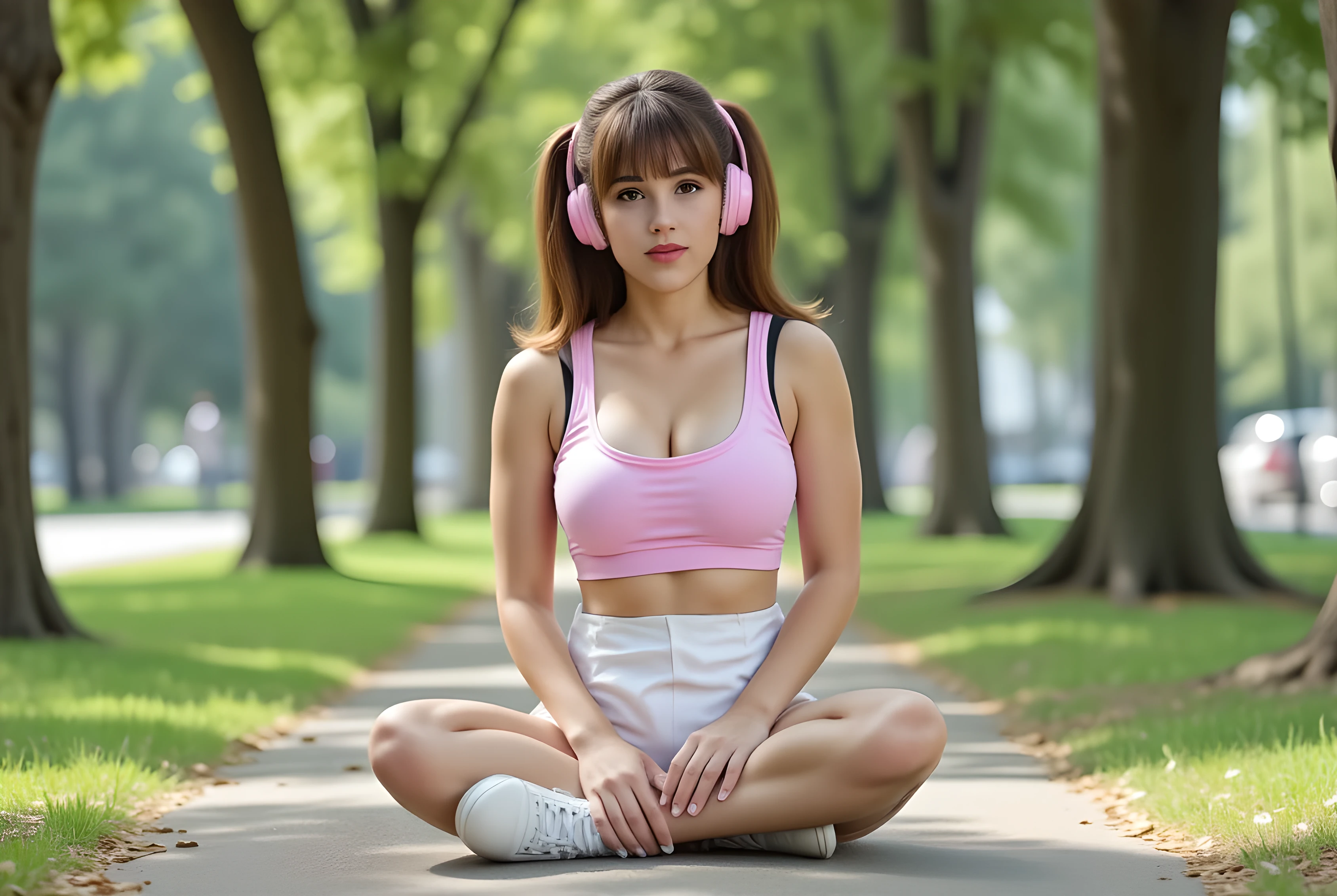 front view, She is 18 years old and slender with white skin and brown hair and brown eyes. Twin tail hair model and full bangs, with pink headphone, (big breast:1.0), with sport bra light pink, white short white pan, sitting at city park, very graceful pose depicts extraordinary beauty, white shoes, slim body, sexy body, sensuality, adorable , 4k, sitting cross-legged, sexual poses, under a shady tree, morning atmosphere with a beautiful rural view, candid, professional photography, take by fujifilm xt 5, rule of third golden ratio