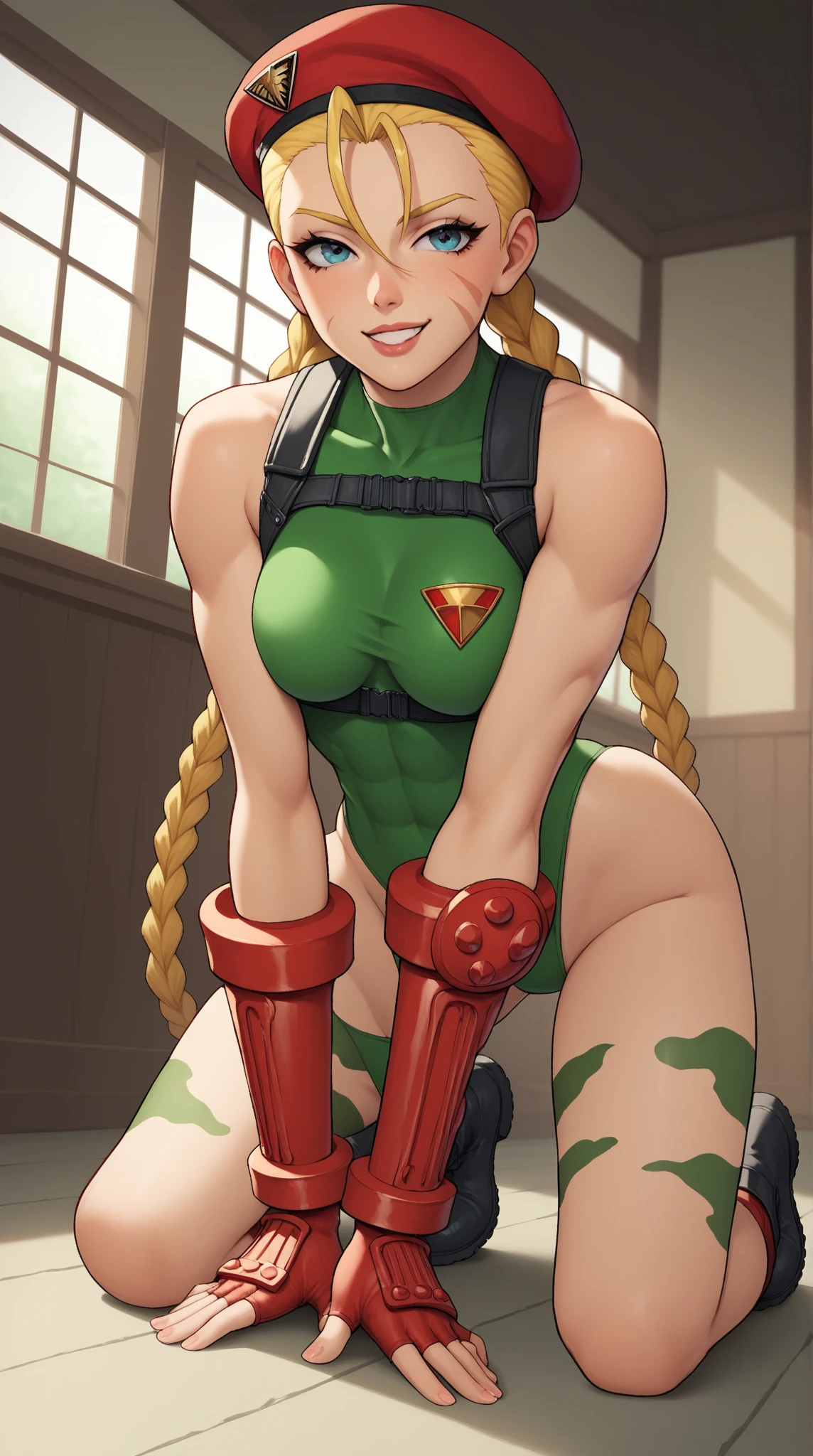 (high quality, best rendering), (beautiful girl, Cammy), (bomb, pin-up style), hot, floss, perfect body, small breasts, fitness, blonde, two long braids, elaborate hair, on bed, sleeping on your back, almost naked, psychopath, crazy face, body facing forward, legs spread, hands behind head, torn pale green leotard, red beret, combat boots, pastel, center, scales to fit dimensions, camel toes,