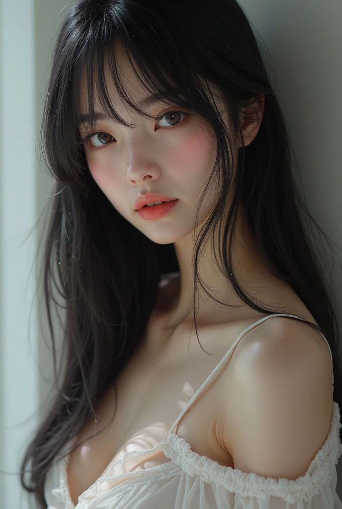 20 year old woman with cute Japan、Long black hair with bangs、White floral underwear、Random Pause,
