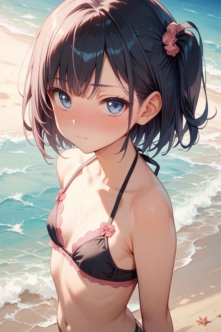 lighting like a movie、top-quality、1 girl、A dark-haired、sand beach、embarrassed from、Slender Line、full of sweat、Arms behind your head、(Pink Ruffle Bikini)、Looking up composition、