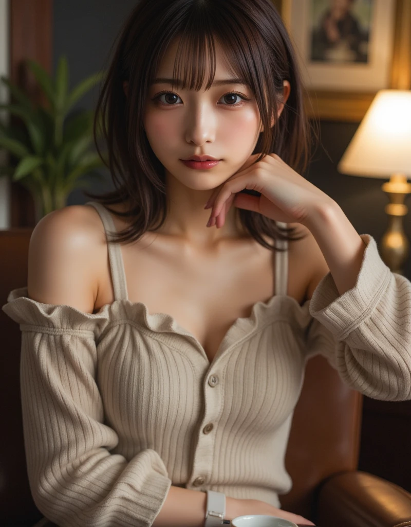 Highest quality, (beautiful)、Larger breasts、、Brown Hair、looking at the camera、Sit on the sofa、Close-up、night、String panties、pajamas