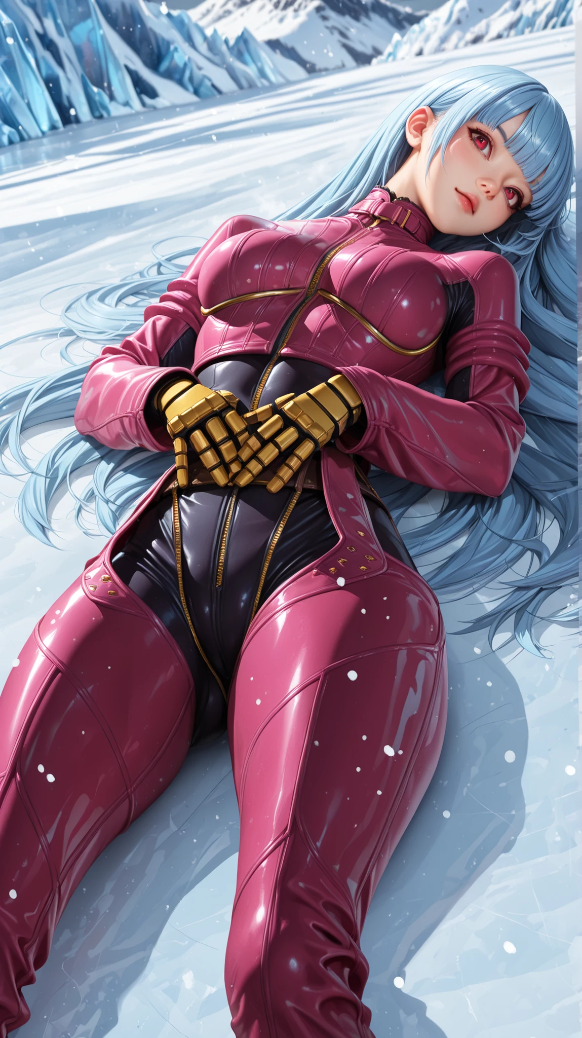 (Perfect anatomy), masterpiece, ultra high quality , 16k, masterpiece, higher quality, Ultra-high resolution, maximum resolution , ultra detailed, professional lighting, anime, so beautiful , Highly detailed 16k eye, highly detailed face,hyperrealistic eyes , Pretty Eyes , better quality, pretty face, attractive face, detailed facial test , Rotulo2, seductive face,(extremely detailed and high quality illustration),(best lighting and shading effects, high detail, medium, nice hips, perfect body, kula diamond, red eyes, blue hair, blunt bangs, long hair armored gloves, chaps, zipper, belt, cropped jacket, leather jacket, pink jacket, pink bodysuit, multicolored jacket, multicolored bodysuit, icy background, glacier, face of concentration, ice skating, gust of wind, snowing, daytime, sunny, looking at viewer, hands on waist, on back, focus ass, ass, (from below:1.2)