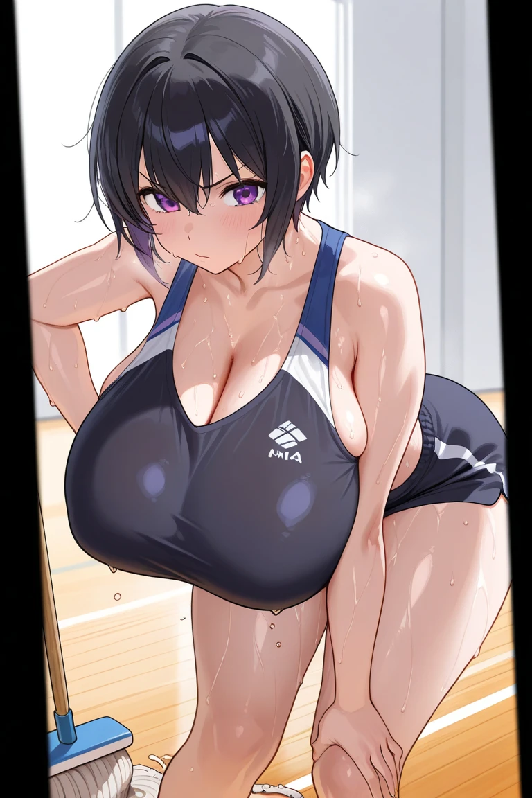 (masterpiece), best quality, expressive eyes, perfect face, gym, workout, hot, sweating, sweaty, tan, big , tan skin, flustered, blush, purple clothes, see thru, yoga pants, black hair, backview , curvy woman , black hair, purple eyes , towel, towel around neck