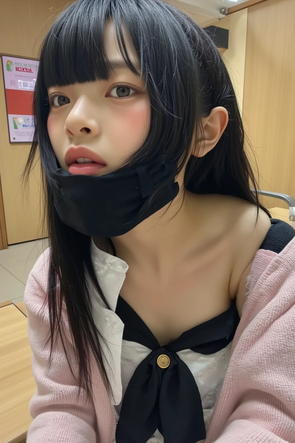 Prompt:2girl, fit, midriff, sweat, shiny skin, glossy skin, oiled, abs, bright skin, clear eyes, black hair, huge breasts, thick thighs, wide hips, curvy, standing, from above, bikini, clear sky, jacket, open jacket, (denim shorts:1.1) Negative Prompt:ugly, tiling, poorly drawn hands, poorly drawn feet, poorly drawn face, out of frame, extra limbs, disfigured, deformed, body out of frame, bad anatomy, watermark, signature, cut off, low contrast, underexposed, overexposed, bad art, beginner, amateur, distorted face,bondage (Shibari,hands tied behind back:1.5), (Shibari:1.21), ballgag (((Drooling))),(((Legs tied))) (((cat ears)))((on a plane )))(((,Black tights)))