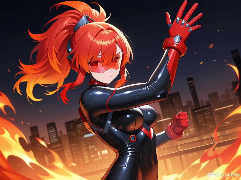1girl,solo,super detailed skin,shiny skin,wet skin,expressionless ,eyelashes,lips gloss,red hair,bob hair,short hair ,large breasts ,bodysuit ,boots,fire punch,night city,masterpiece,best quality,ultra detailed,high resolution,sharp focus,depth of field