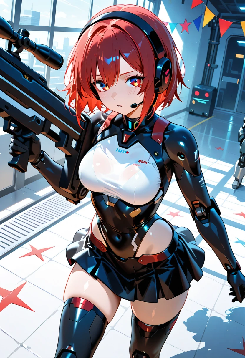 highest quality、Nice sexy body、One Woman、solo、(Beautiful busty woman:1.5)、Medium hair woman、((Woman with dark red hair))、Woman in black and red and black and white cyber suit、smile、Sexy pose