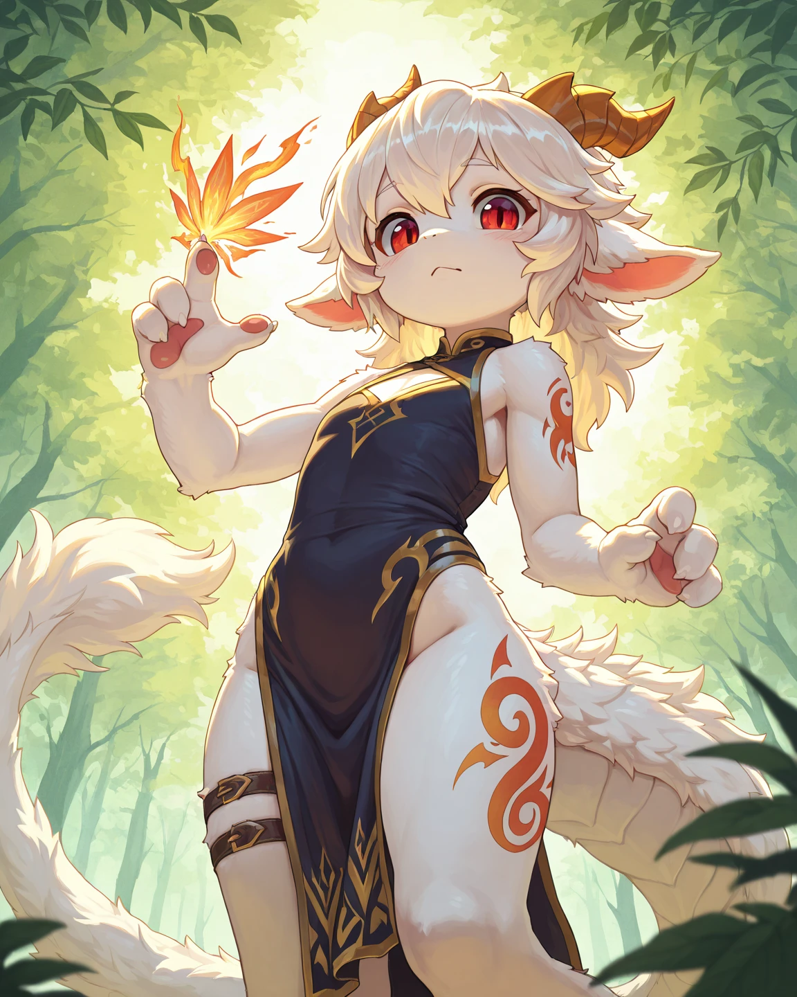 ultra-detailed,masterpiece,masterwork,high quality,best quality,hdr,highers,night,forest,solo,1girl,female,(adult),(dragon face),((white body)),minotaur,nude,horn,(long golden hair),(closed eyes),full body,two foots,squatting,from below,dynamic angle,bell earrings,nsfw,,sweat,fang,steam,(urination),little Yellow liquid dripping from the pussy